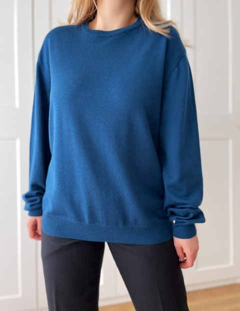 Niebieski sweter 100% wełna znak Woolmark, XL/XXL oversize unisex