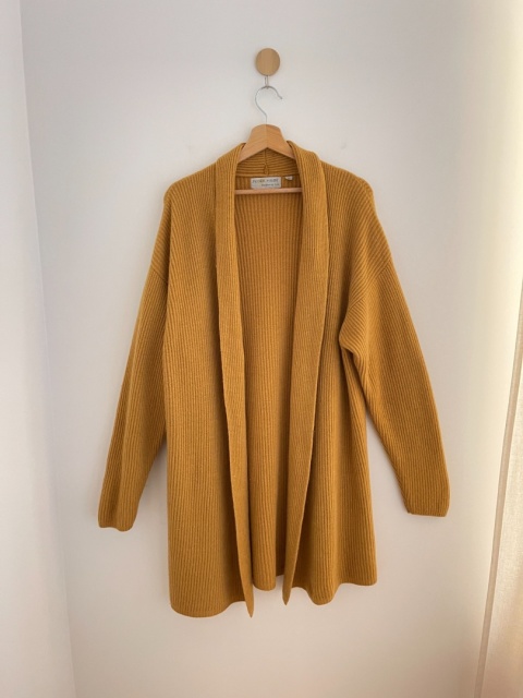 Musztardowy kardigan 70% wełna, 20% angora - XL/3XL